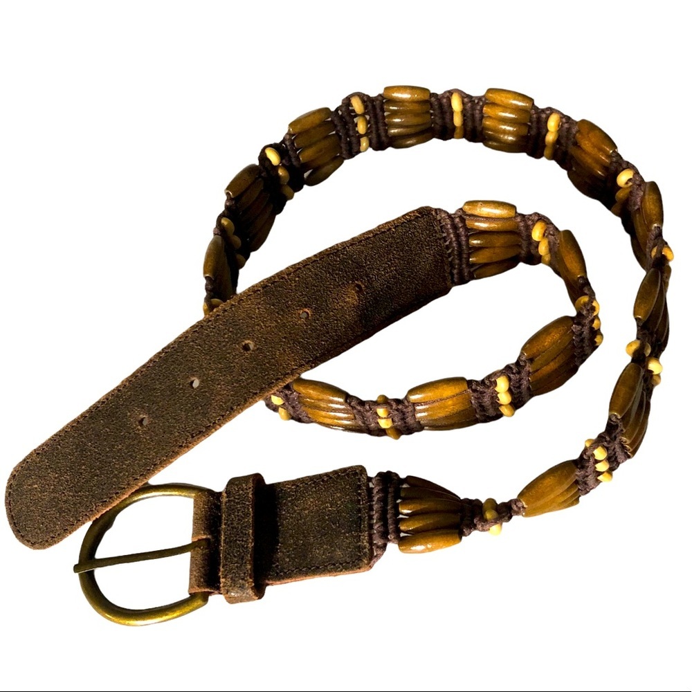 Bohemian Belt Macrame Leather Wood Bead Suede Boho Brown Ivory